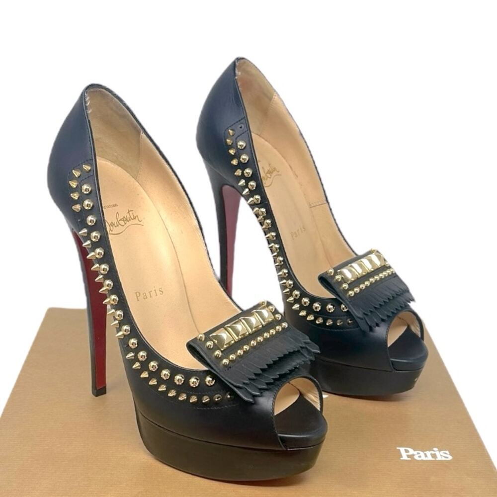 Christian Louboutin Black Peep Toe Heels with Gold Studs
